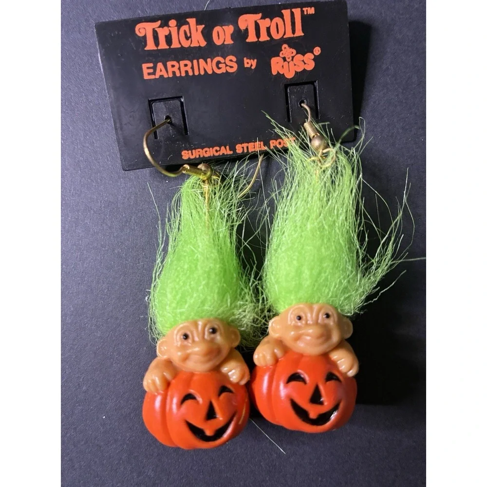 VTG Halloween Troll Doll Earrings RUSS Pumpkin Jack O Lantern Pierced Dangle y2k